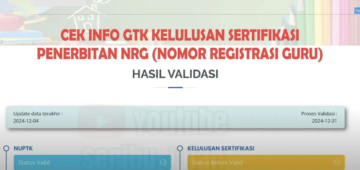 Nomor Registrasi Guru (NRG) adalah identitas resmi guru bersertifikasi. Simak cara cek NRG di Info GTK (Sumber: Youtube/Seribujalan)