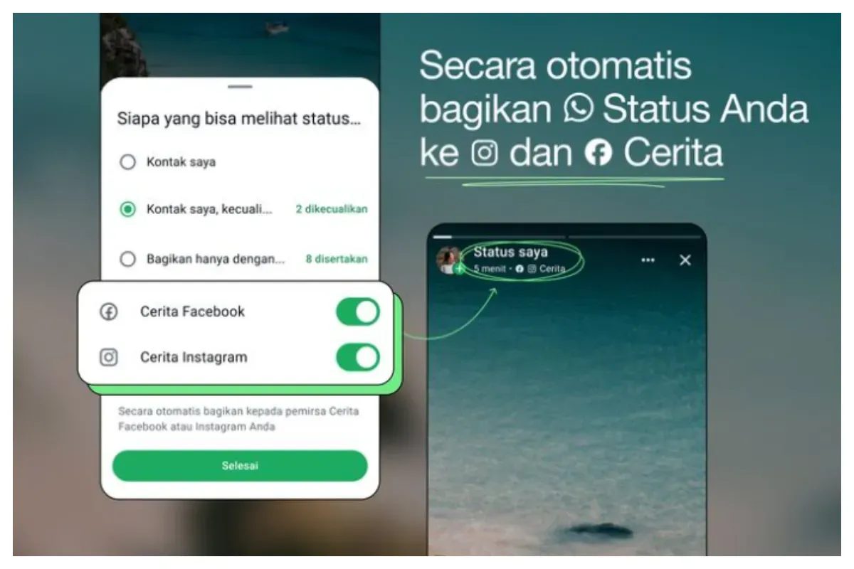 Status WhatsApp bisa diunggah ke Facebook dan Instagram berkat satu induk perusahaan Meta (Sumber: WhatsApp)