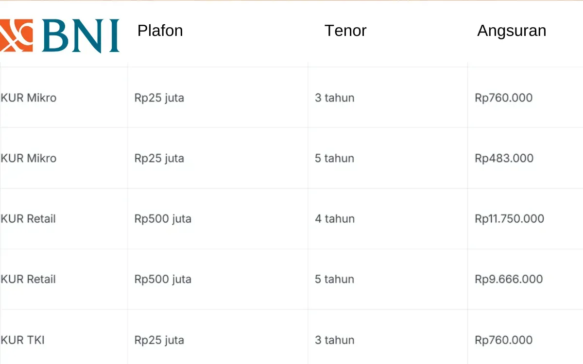 Tabel KUR BNI. (Sumber: Istimewa)