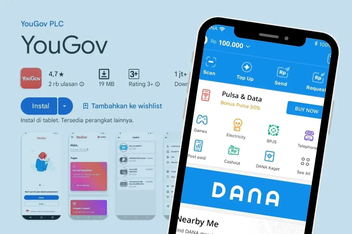 Saldo DANA gratis Rp200.000 dari aplikasi YouGov dengan menjawab survei singkat. (Sumber: Poskota/edited by Syifa Luthfiyah)