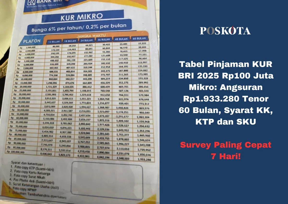 Tabel pinjaman KUR BRI 2025 untuk plafon Rp 1 juta hingga Rp100 juta, cocok untuk usaha mikro. (Sumber: Poskota/Yusuf Sidiq)