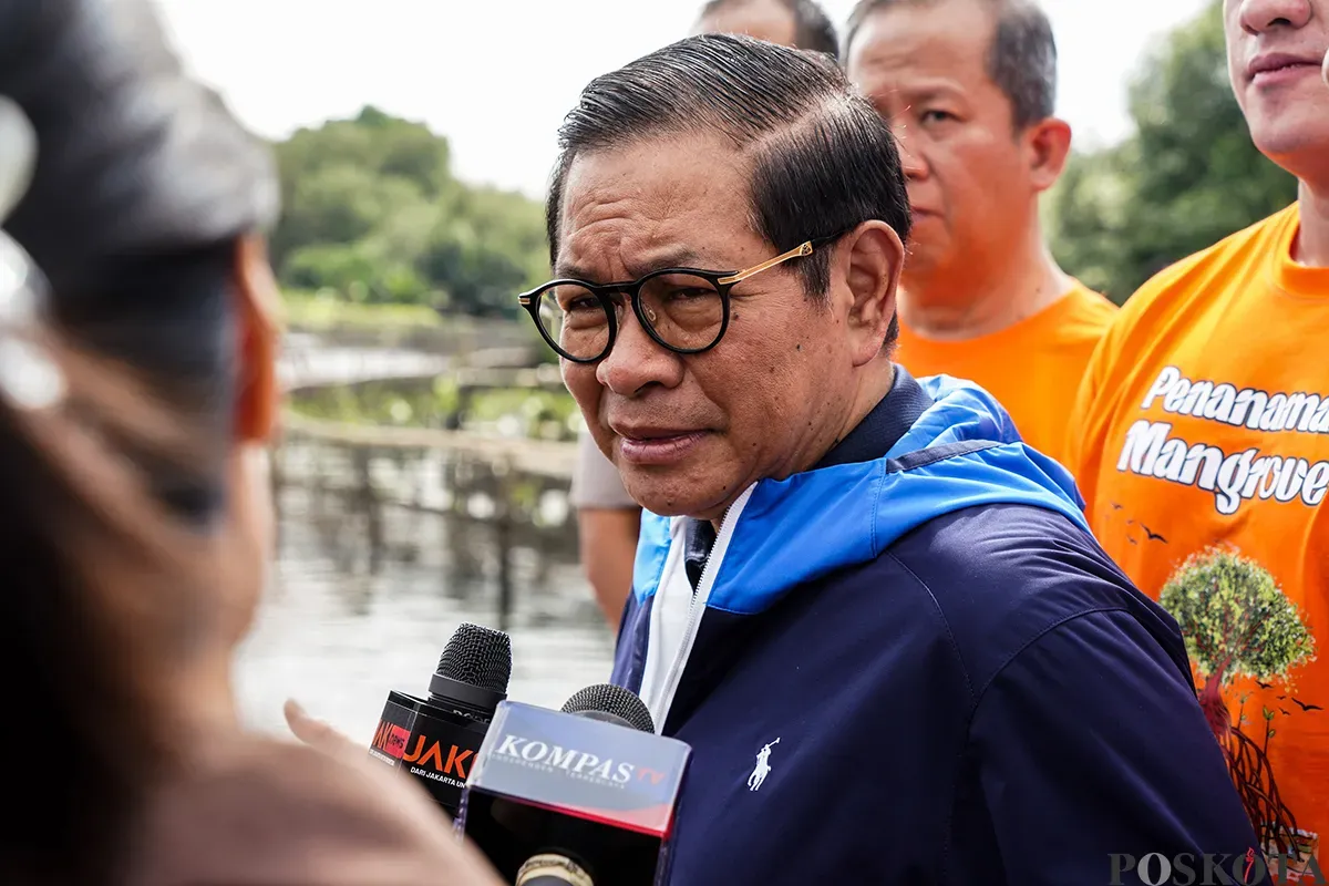 Gubernur Daerah Khusus Jakarta terpilih, Pramono Anung, menanam bibit pohon mangrove di pesisir Hutan Lindung Angke Kapuk, Penjaringan, Jakarta Utara. Rabu, 5 Februari, 2025. (Sumber: Poskota/Bilal Nugraha Ginanjar)