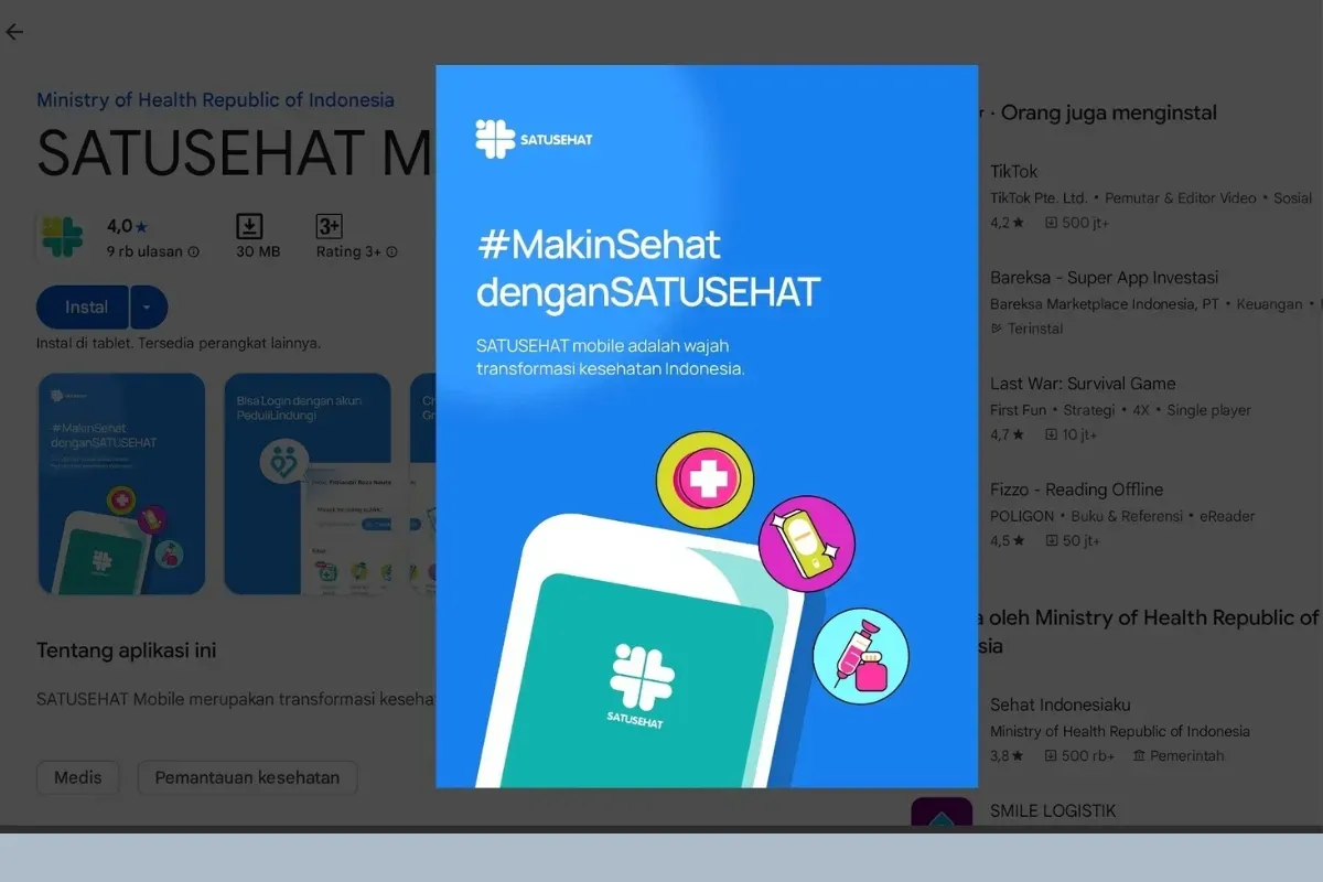 Cek kesehatan gratis bagi masyarakat bisa dilakukan dengan mendaftar terlebih dahulu di platform satusehat mobile. (Sumber: DOk. Google Play Store)