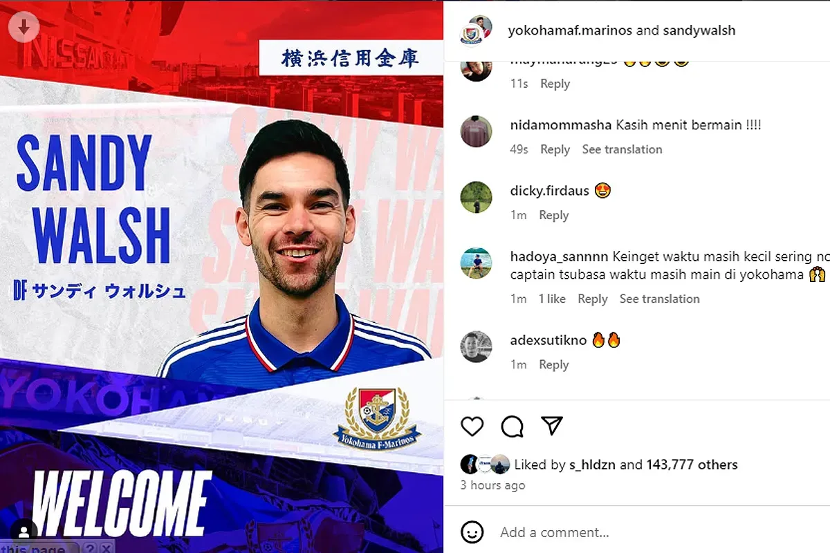 Tangkap layar netizen Indonesia membanjiri kolom komentar postingan akun Instagram Yokohama Marinos yang mengumumkan bergabungnya Sandy Walsh. (Sumber: Instagram @yokohamaf.marinos)