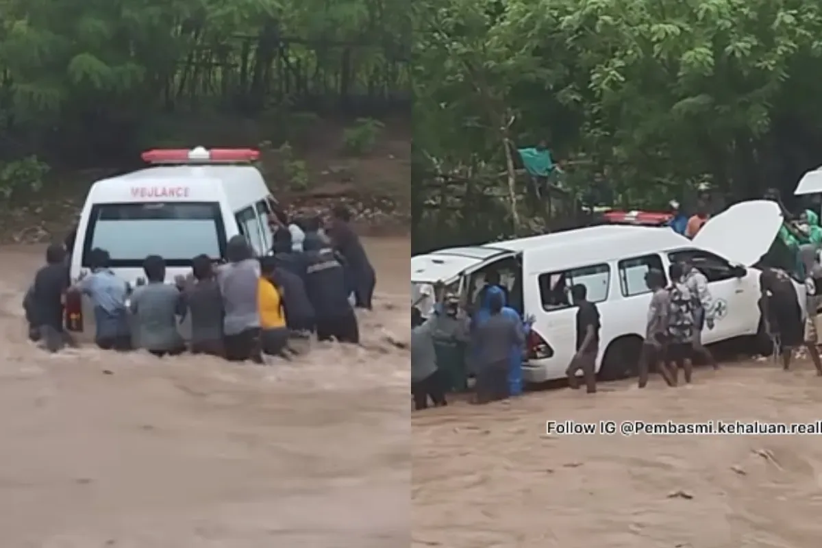 Momen ambulans bawa pasien kritis di Kupang dibantu warga terobos banjir di Sungai Nefopal. (Sumber: Tangkap Layar Instagram/@pembasmi.kehaluan.reall)