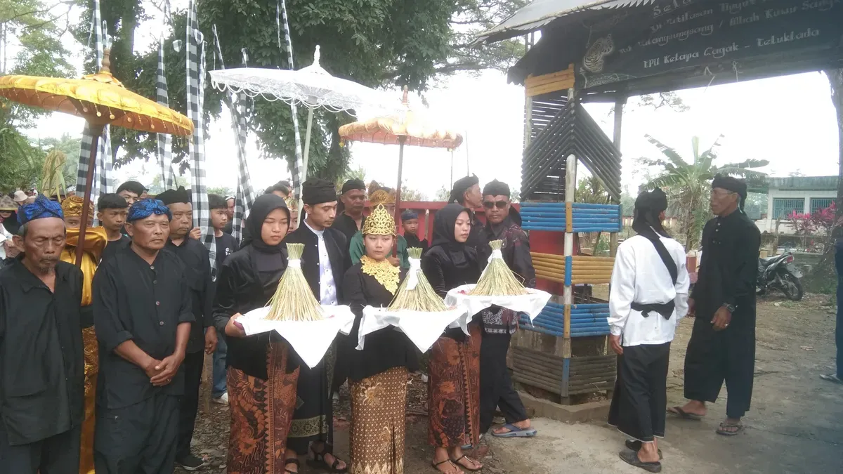 Masyarakat di Kampung Kalapa Cagak, Desa Teluk Lada, Kecamatan Sobang, Pandeglang, saat menggelar acara adat Mapag Sri. (Sumber: Dok. DPKP Pandeglang)