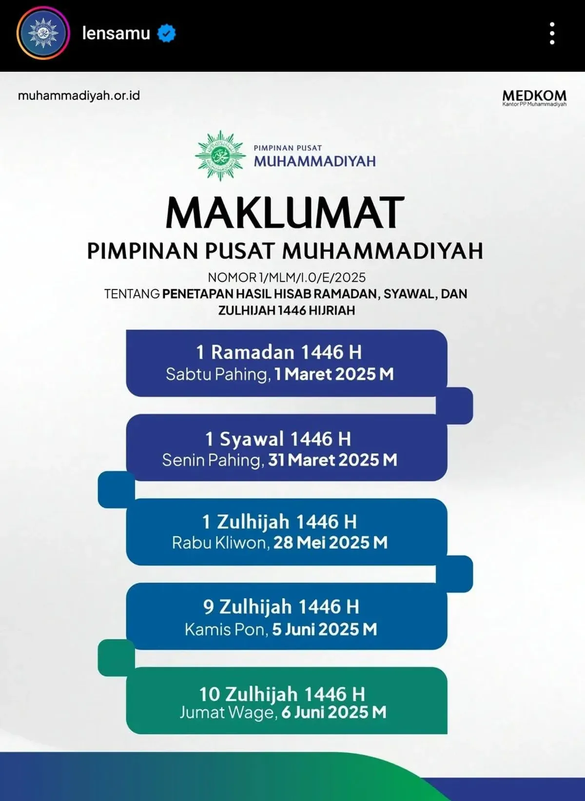 Melalui akun resmi Muhammadiyah di Instagram, PP Muhammadiyah tetapkan 1 Ramadan 1446 H pada tanggal 1 Maret 2025. (Sumber: Instagram/lensamu)