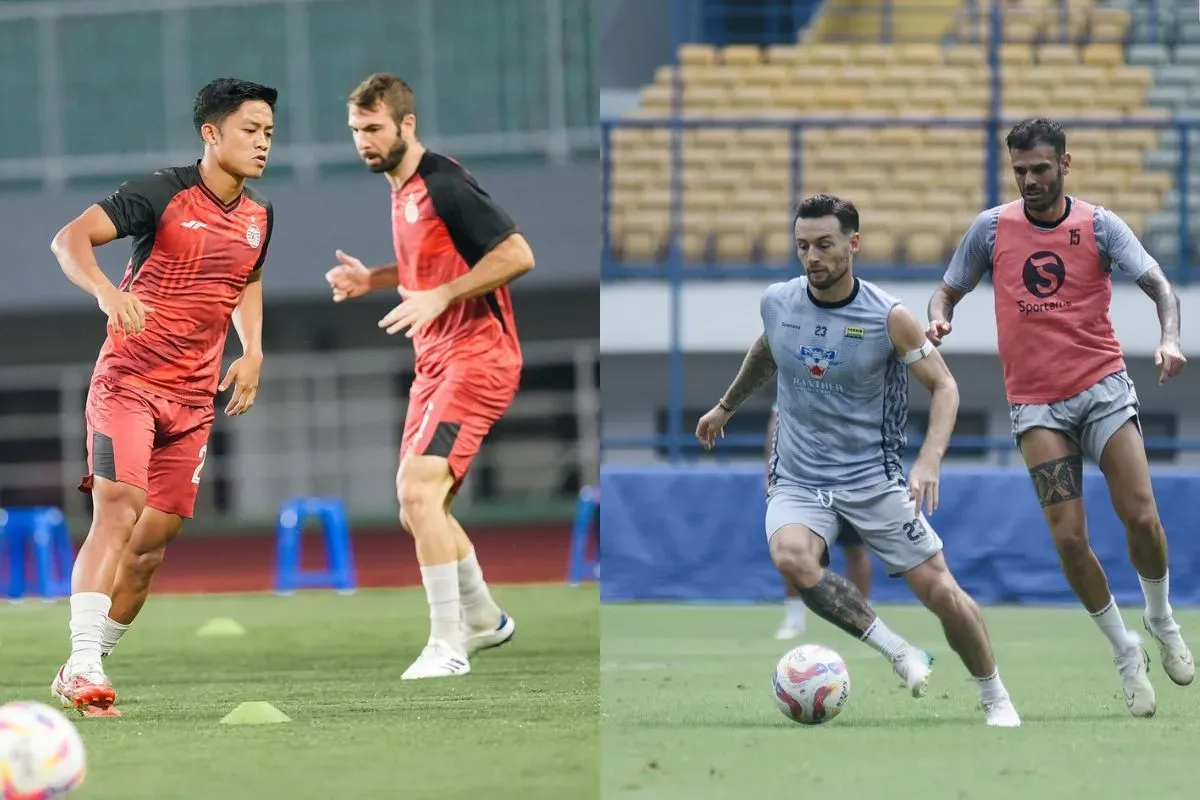 Para pemain Persija (kiri) dan Persib (kanan) sedang melakukan sesi latihan jelang laga yang akan digelar pada Minggu, 16 Februari 2025.