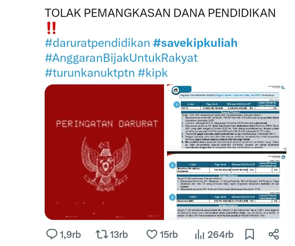 Warganet kompak serukan tagar save KIP Kuliah untuk tolak efisiensi anggaran pendidikan. (Sumber: X/@bluegazings)