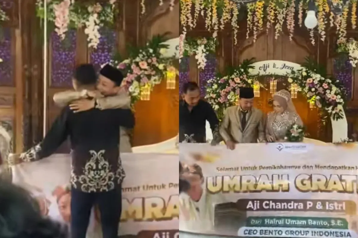 Momen saat pengantin mendapatkan kado umrah gratis dari tamu undangan. (Sumber: Tangkap Layar TikTok/umambento)