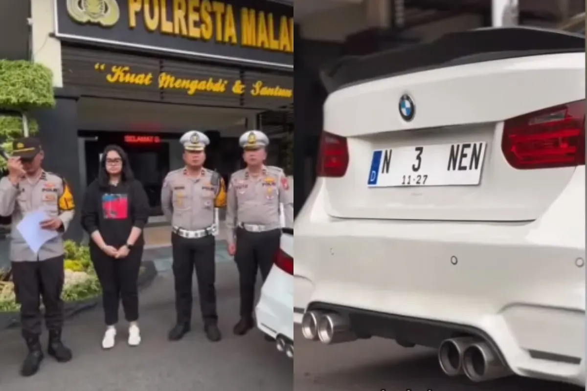 Pengemudi mobil sedan BMW ditangkap polisi seusai viral pakai pelat nomor palsu berbau tidak senonoh. (Sumber: Tangkap Layar Instagram/@funnelmedia)