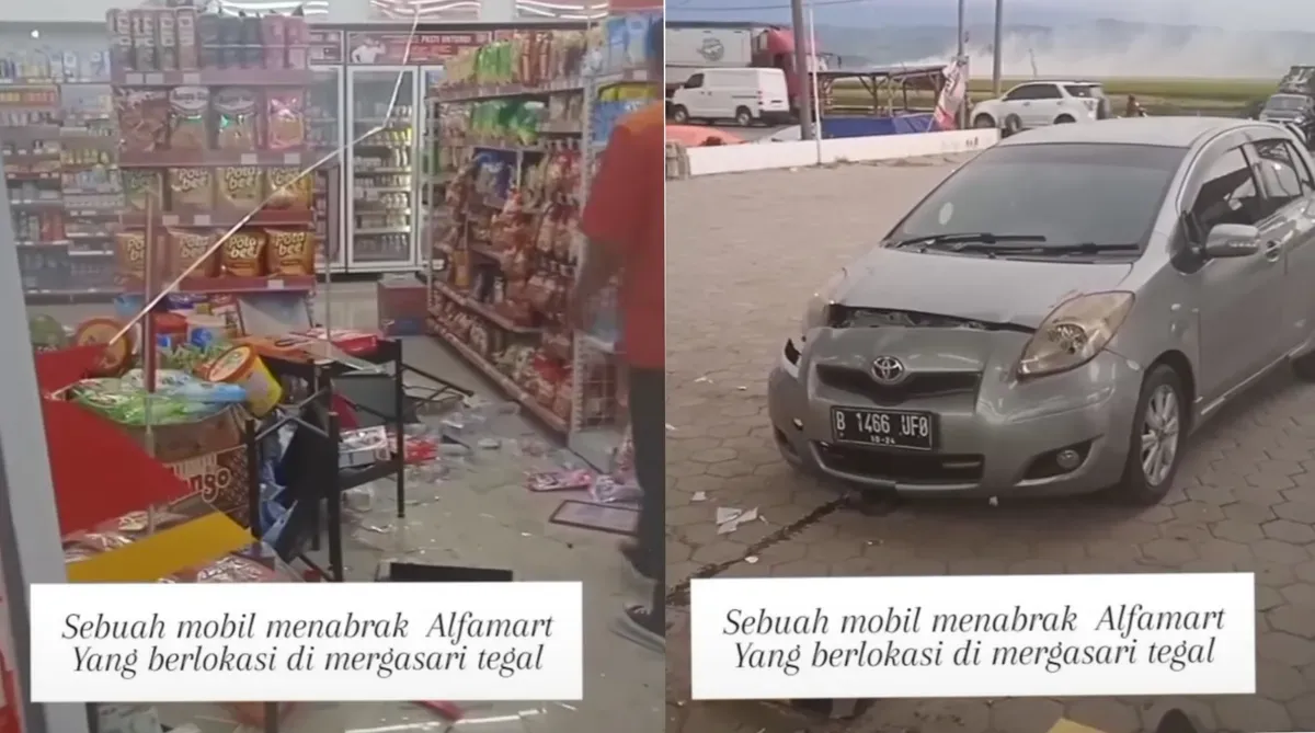 Sebuah mobil di kabupaten Tegal menabrak minimarket gara-gara sang pengemudi salah menginjak pedal  rem malah menginjak pedal gas. (Sumber: Capture kolase Instagram @rodapapat)