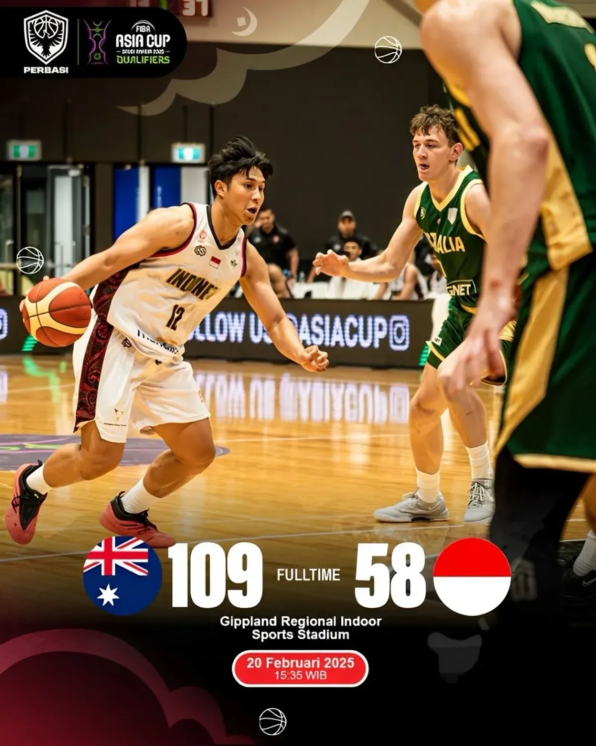 Tim nasional bola basket putra Indonesia harus mengakui keunggulan timnas Australia dengan skor telak 58-109. (Sumber: IG: @perbasi.ina)