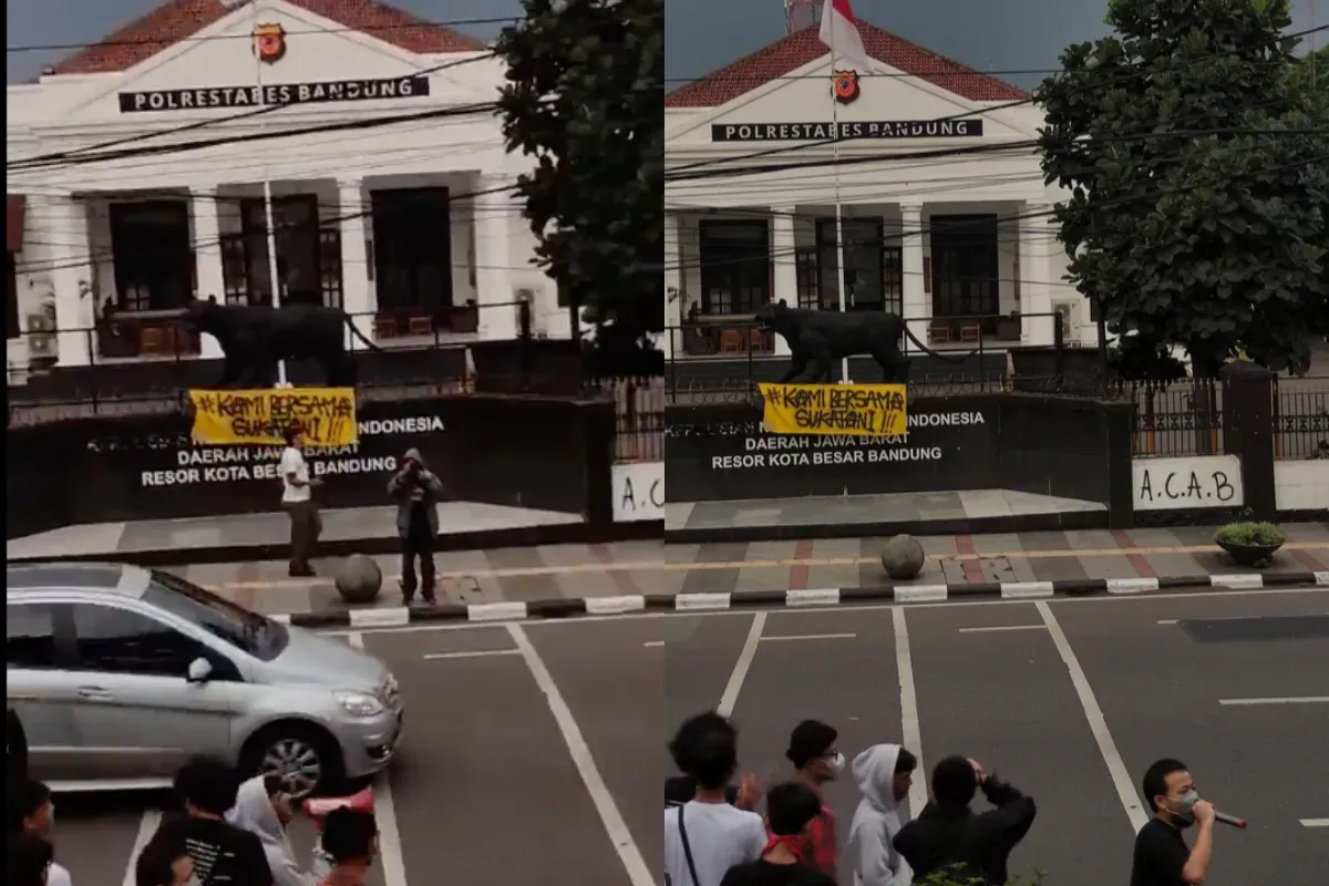 Tangkapan layar aksi kamisan di Bandung, putar lagu Bayar Bayar Bayar karya Sukatani di depan kantor polisi. (Sumber: X/sullenboy___)