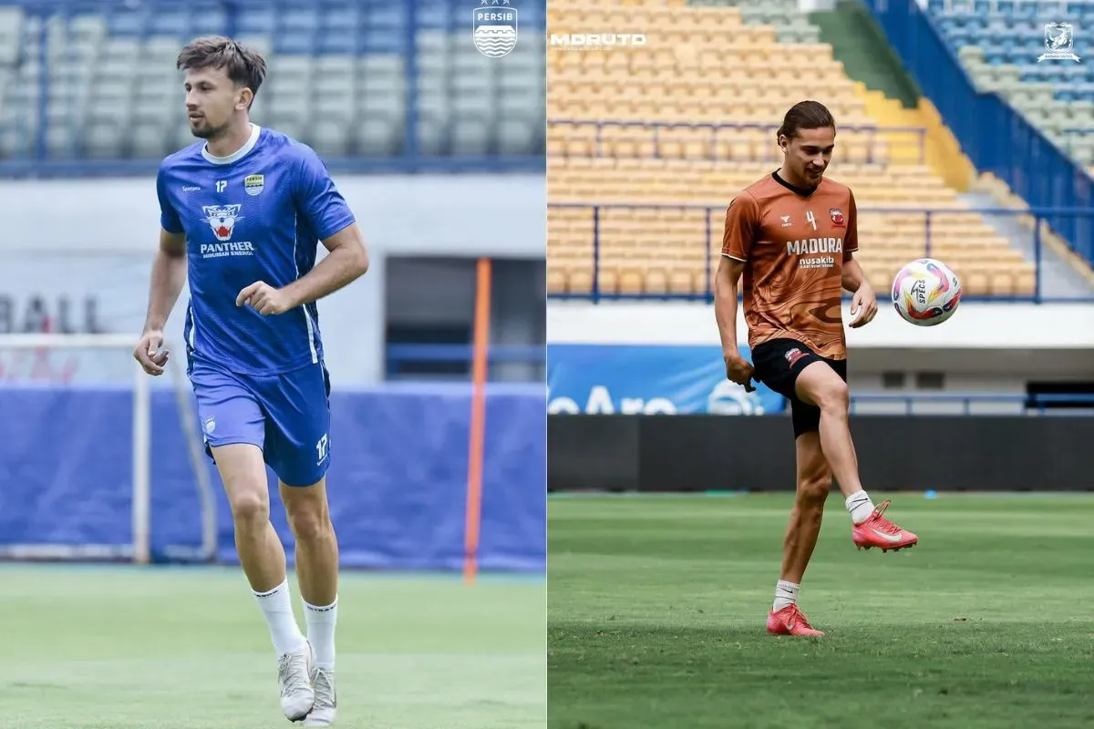 Pemain Persib dan Madura United menggelar sesi latihan jelang duel pada Sabtu, 22 Februari 2025, di Stadion Gelora Bandung Lautan Api (GBLA). (Sumber: Instagram/@persib dan @maduraunited.fc)