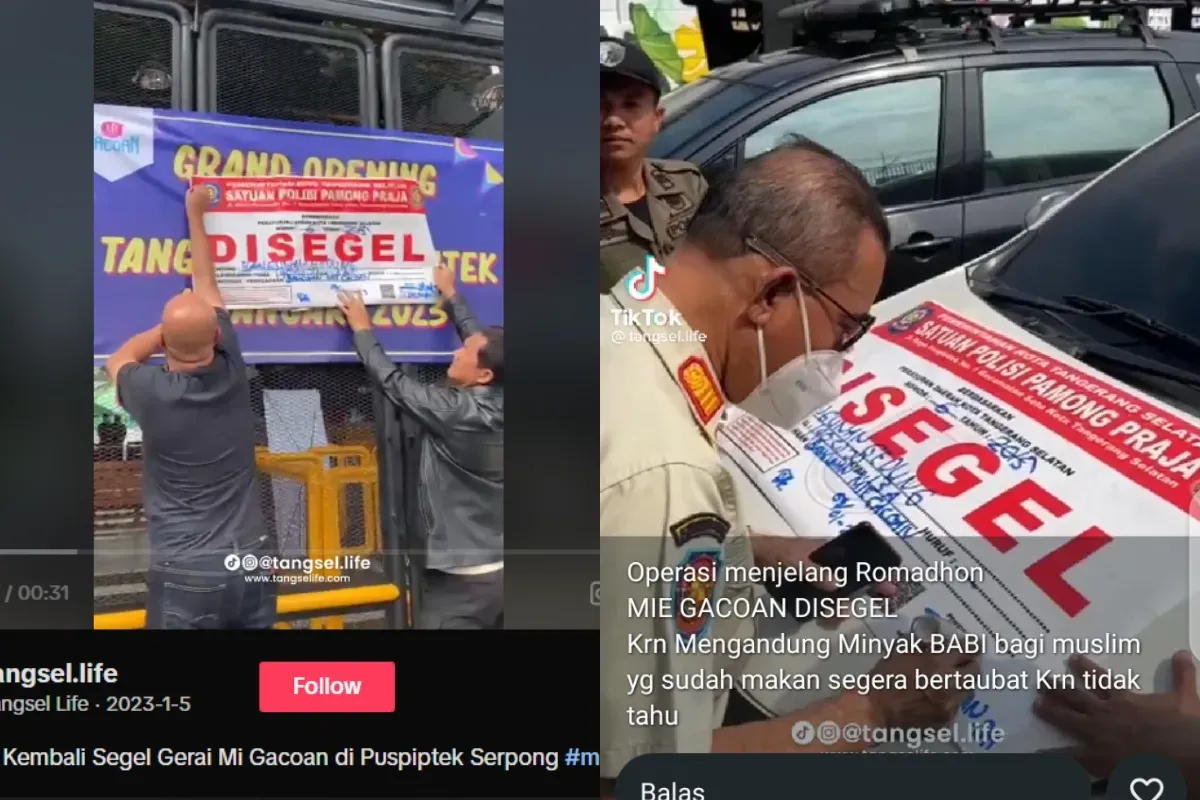 Penyegelan yang dilakukan oleh Satpol PP di Tangsel ternyata bukan karena kandungan minyak babi. (Sumber: TikTok/@Tangsel.life)