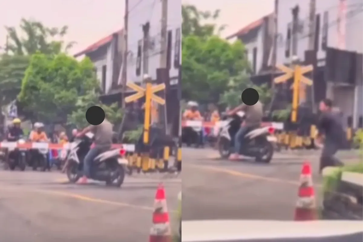 Seorang pria nekat diduga bunuh diri dengan sengaja berhenti di perlintasan kereta api saat palang pintu tertutup. (Sumber: Tangkap Layar Instagram/@funnelmedia)