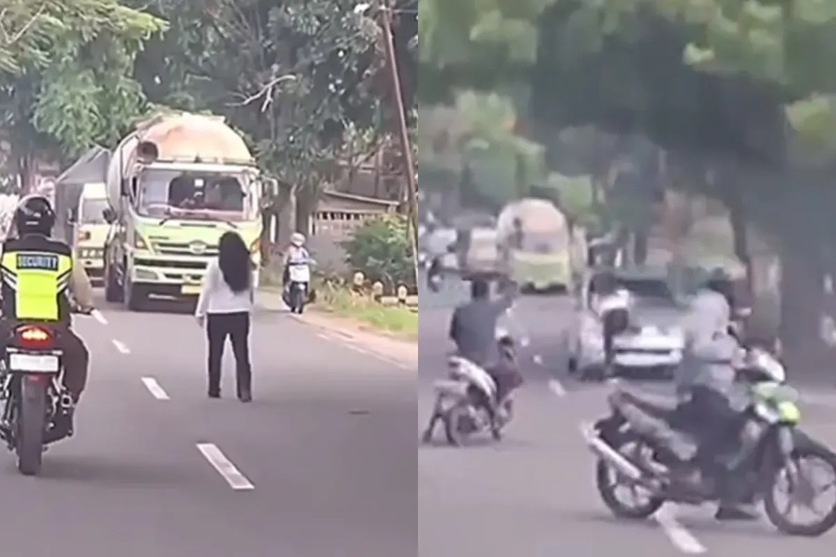 Momen seorang wanita nekat menabrakkan diri ke kendaraan yang melintas di Jombang. (Sumber: Tangkap Layar Instagram/@fakta.indo)