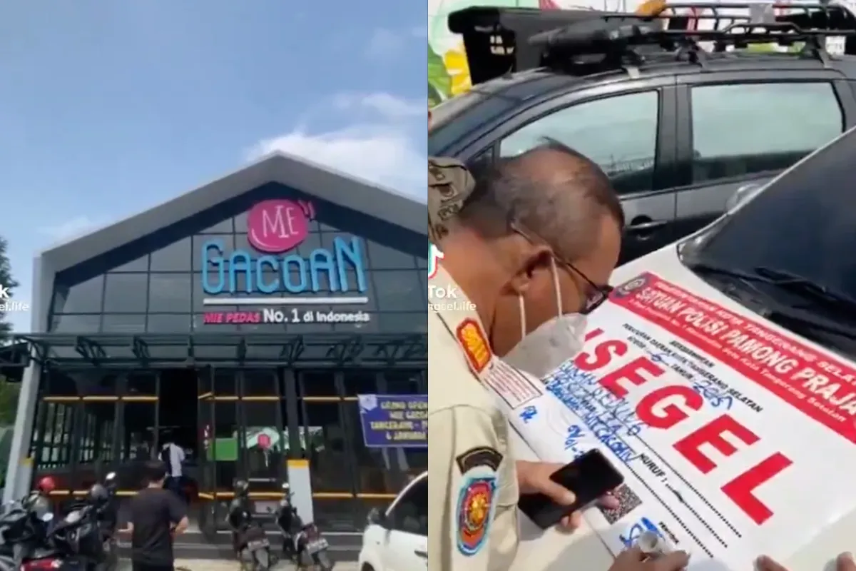 Potret Mie Gacoan di Serpong, Tangerang Selatan disegel oleh Satpol PP. (Sumber: TikTok/ @tangsel.life)