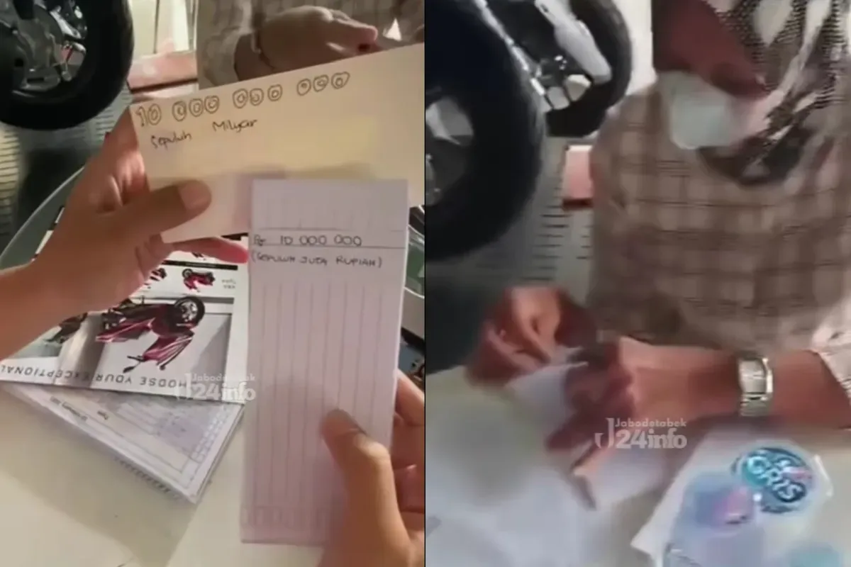 Seorang ibu memaksa ingin membeli motor baru pakai uang kertas dengan tulisan tangan. (Sumber: Tangkap Layar Instagram/@jabodetabek24info)