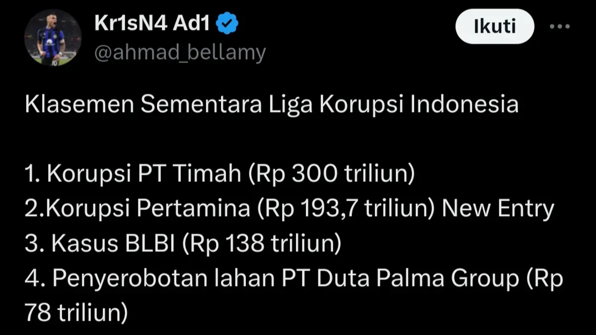 Klasemen Liga Korupsi Indonesia yang ramai diperbincangkan warganet. (Sumber: X/@ahmad_bellamy)