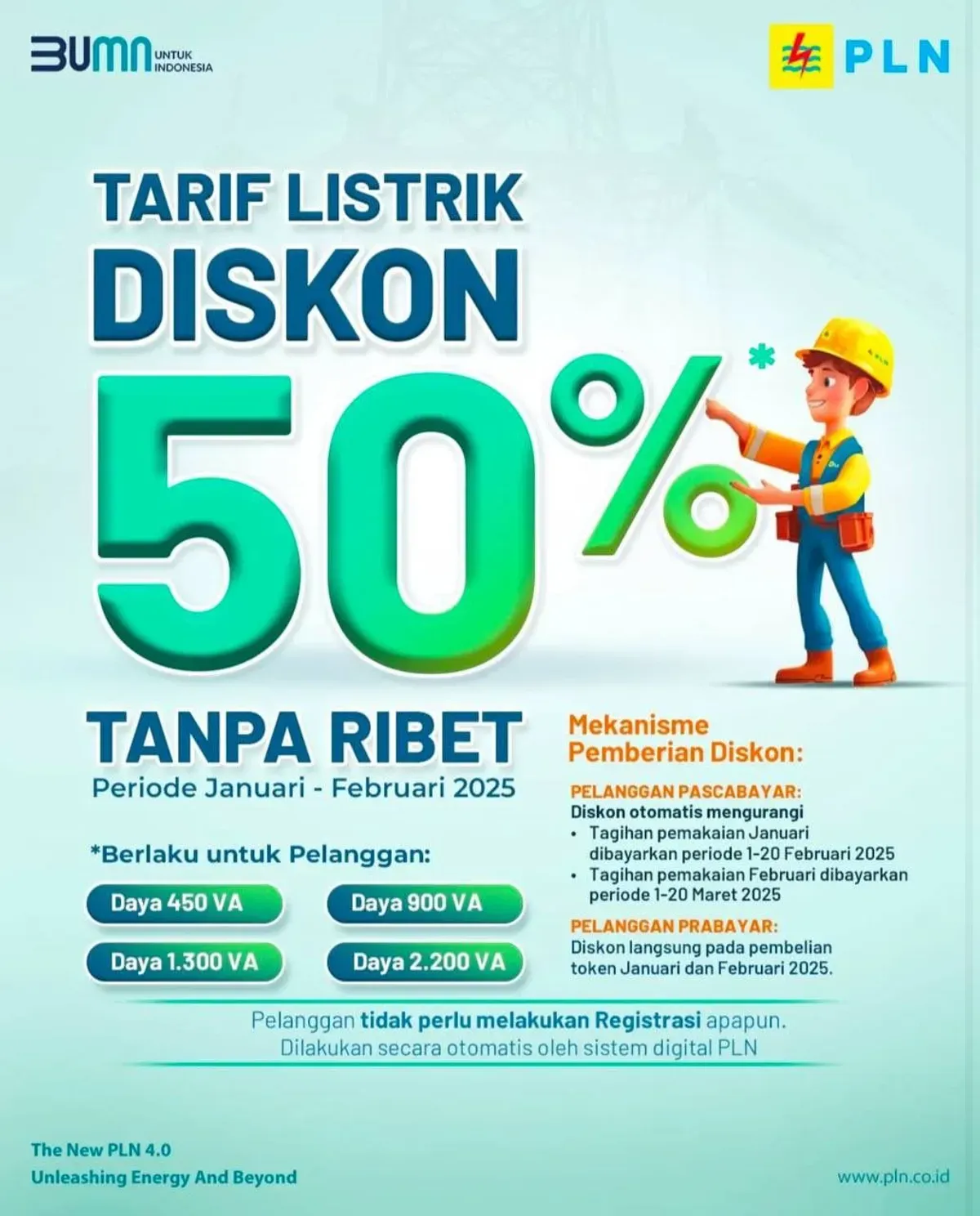 Cara membeli token listrik 50 persen di aplikasi (Sumber: PLN)