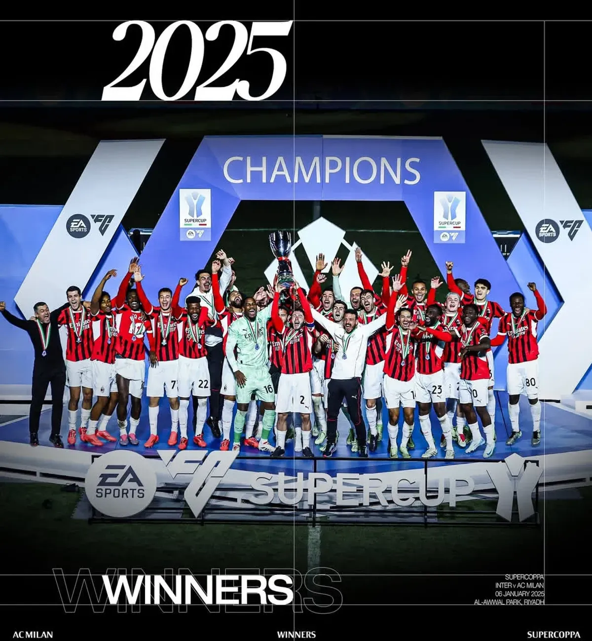 AC Milan berhasil menjuarai Piala Super Italia (Supercoppa Italia) 2024/2025 usai menumbangkan rival satu kotanya Inter Milan dengan skor 3-2. (Sumber: Instagram AC Milan)