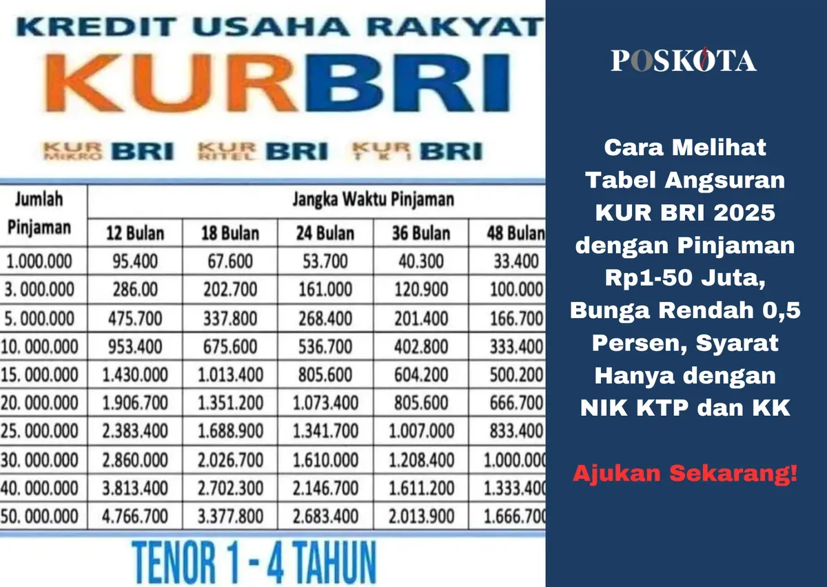 Tabel angsuran KUR BRI 2025 dengan bunga rendah, mulai dari pinjaman Rp1 juta hingga Rp50 juta, cocok untuk mendukung perkembangan usaha UMKM. (Sumber: Poskota/Yusuf Sidiq)