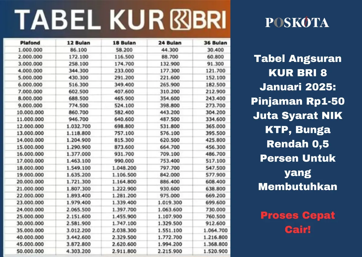 Tabel Angsuran KUR BRI 8 Januari 2025, pinjaman hingga Rp50 juta. (Sumber: Poskota/Yusuf Sidiq)