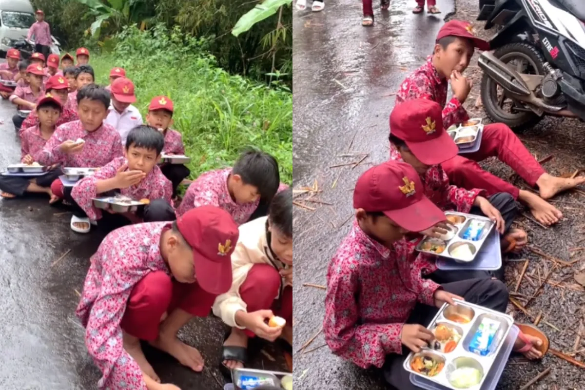 Para siswa SD di Sukabumi, Jawa Barat santap makanan Makan Bergizi Gratis (MBG) di pinggir jalan. (Sumber: Tangkap Layar TikTok/@rv.fathur)