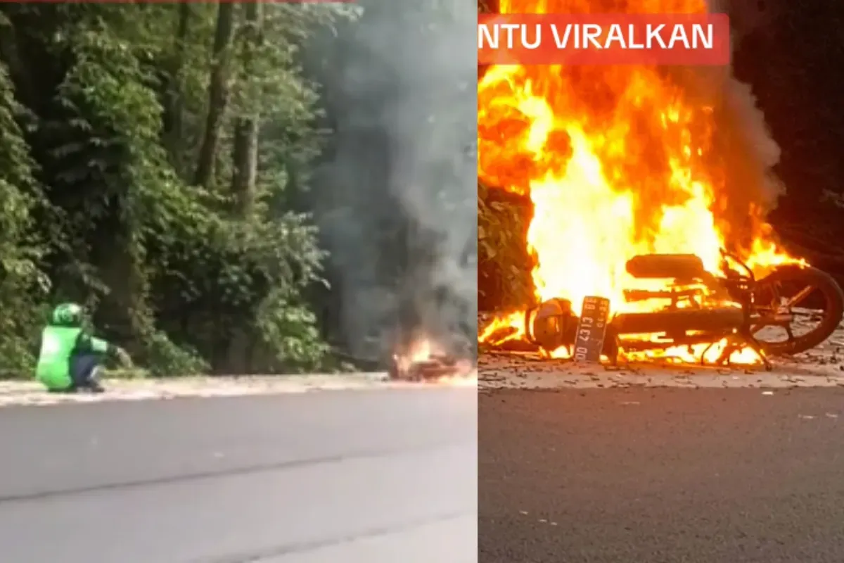 Motor driver ojol di Makassar terbakar di pinggir jalan saat sedang mencari rezeki. (Sumber: Tangkap Layar TikTok/@adyjie05)