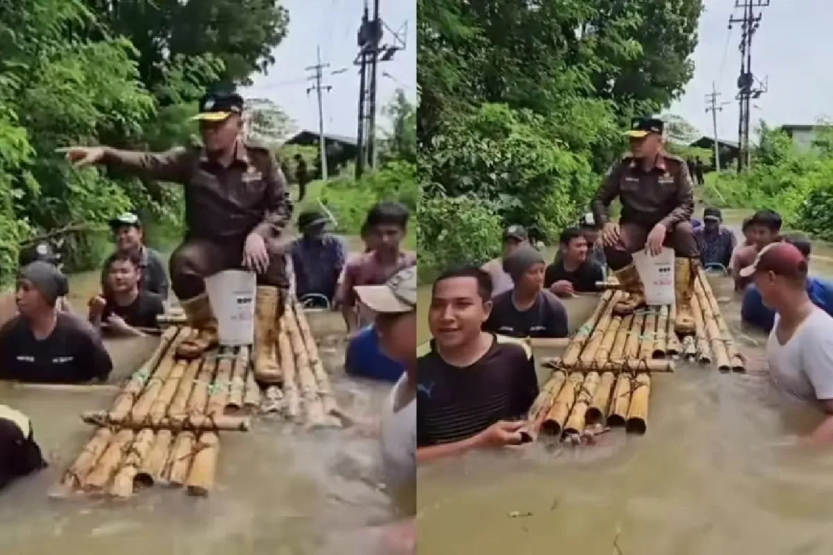 Direktur Utama PDAM di Bangkalan menuai kritikan dari netizen seusai naik rakit didorong oleh warga saat melintasi banjir. (Sumber: Tangkap Layar Instagram/@mood.jakarta, @medsos_rame)