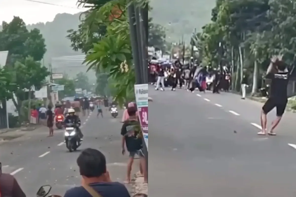 Momen dua kelompok pesilat melakukan tawuran di Tulungagung, Jawa Timur. (Sumber: Tangkap Layar Instagram/@mood.jakarta)