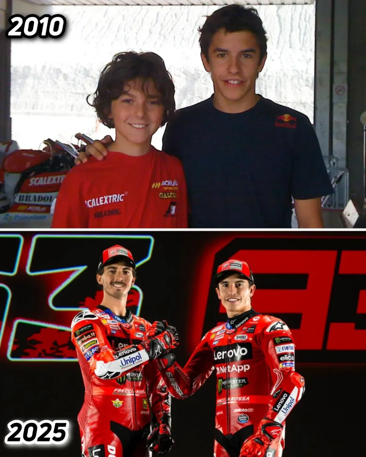 Marc Marquez dan Francesco Bagnaia punya kenangan foto pertana di 2010 dan kini berada dalam satu tim di Ducati pada MotoGP 2025 (Sumber: IG: @mgp_aerodinamycs)