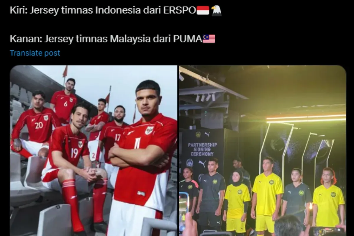 Perbandingan jersey Timnas Indonesia baru dan Malaysia. (Sumber: X/@gilabola_ina)