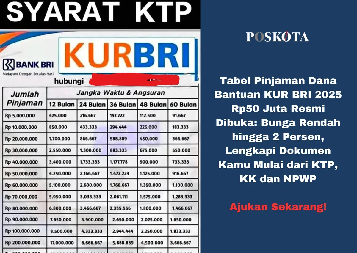 Tabel Pinjaman Dana Bantuan KUR BRI 2025 Resmi Dibuka: Bunga Rendah hingga 2 Persen (Sumber: Poskota/Yusuf Sidiq)