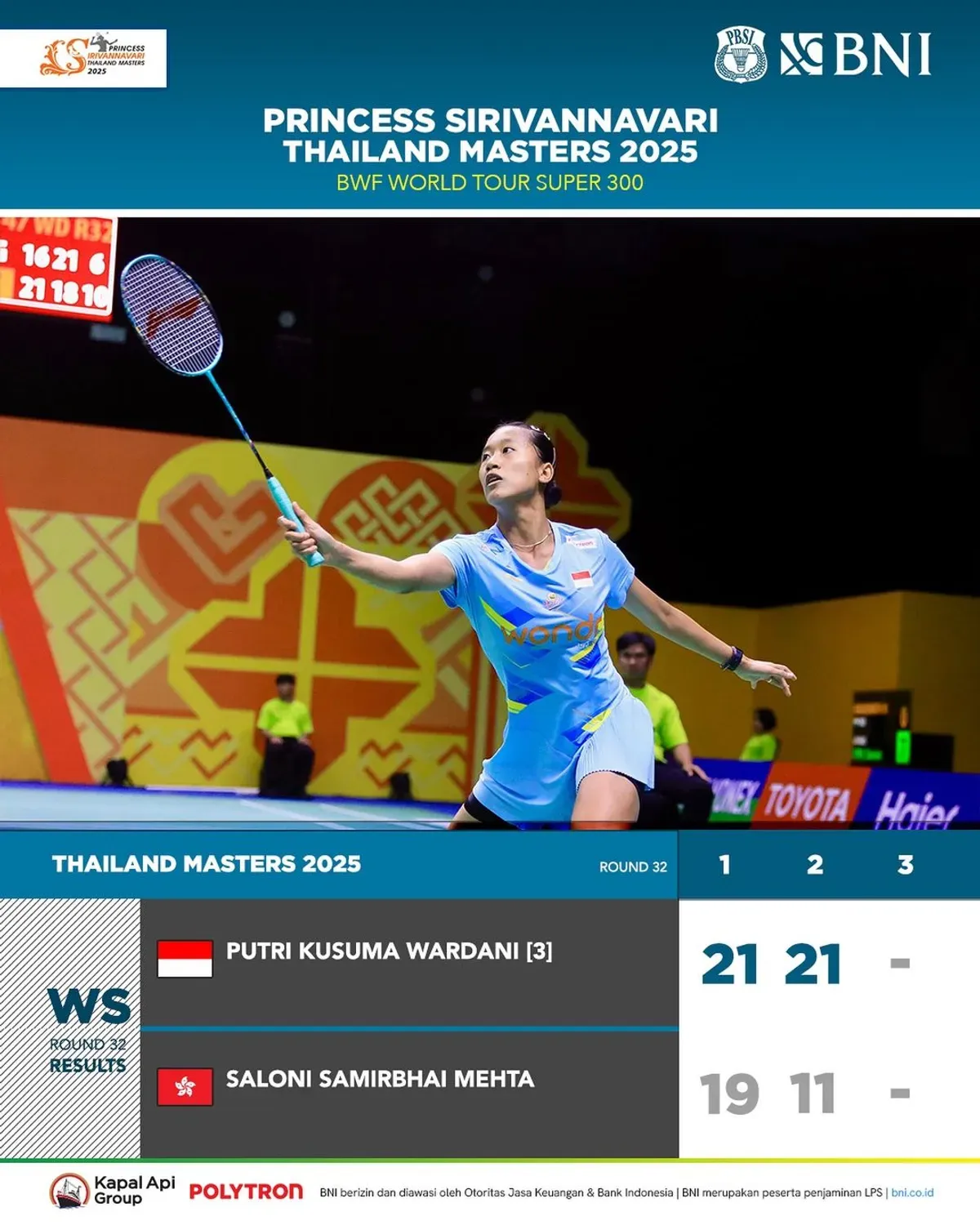 Putri Kusuma Wardani saat berlaga di Thailand Masters 2025 (Sumber: IG: @badminton.ina)