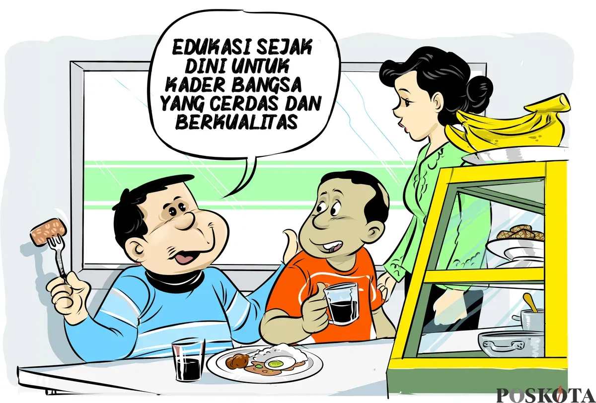 Dua pria tengah berbincang santai di warteg sambil menikmati hidangan, ditemani ibu warteg yang turut menyimak. Salah satu dari mereka menegaskan pentingnya edukasi sejak dini. (Sumber: Poskota/Arif Setiadi)