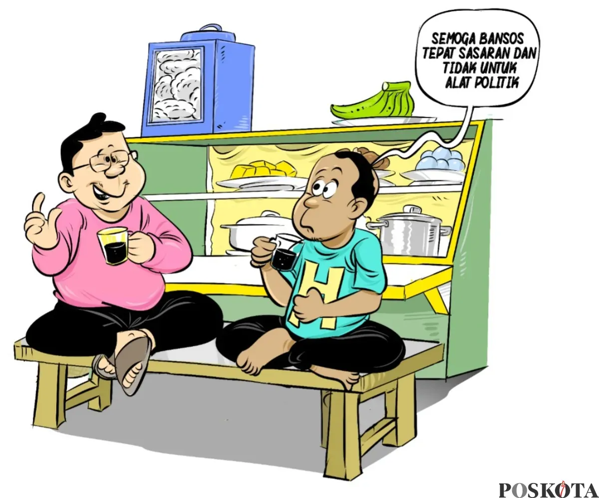Dua pria sedang duduk santai di warteg sambil menikmati kopi dan berbincang soal bantuan sosial (bansos). Salah satu dari mereka menyampaikan harapan, “Semoga bansos tepat sasaran dan tidak untuk alat politik,”. (Sumber: Poskota/Arif Setiadi)