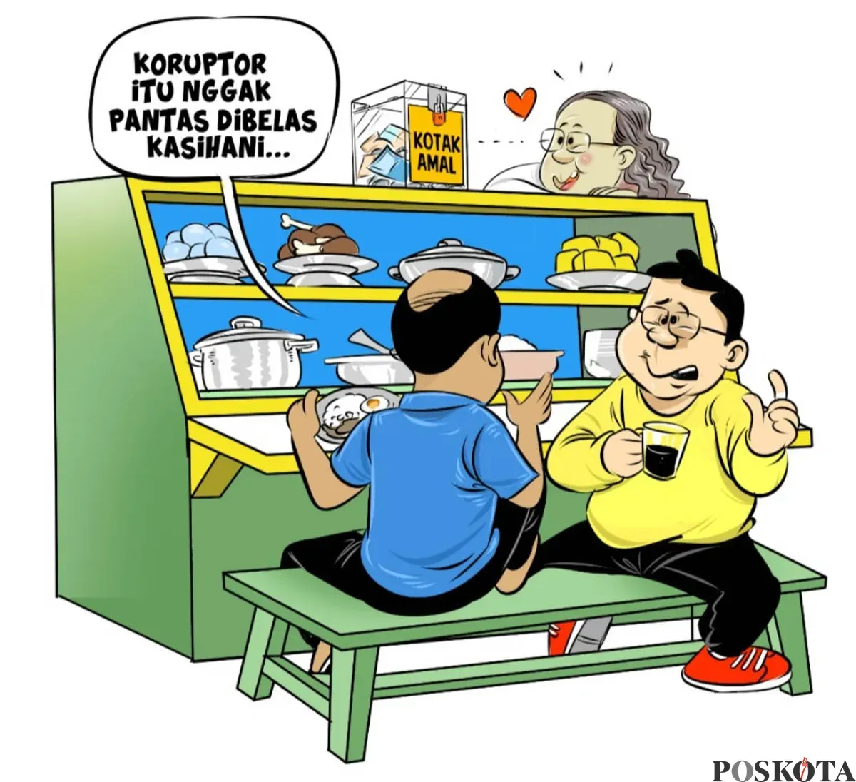 Dua pria sedang berbincang santai di warteg, salah satunya mengecam tindakan koruptor sambil memegang segelas kopi. Di belakang mereka, seorang ibu warteg tersenyum sambil menatap kotak amal yang terisi uang. (Sumber: Poskota/Arif Setiadi)