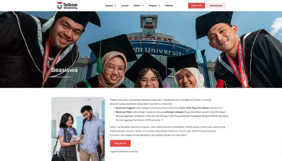 Beasiswa Telecommunication Expert Scholarship 2025, Bebas biaya kuliah untuk jurusan telekomunikasi di Telkom University. Info pendaftaran, persyaratan, dan link resmi di sini! (Sumber: smb.telkomuniversity.ac.id)