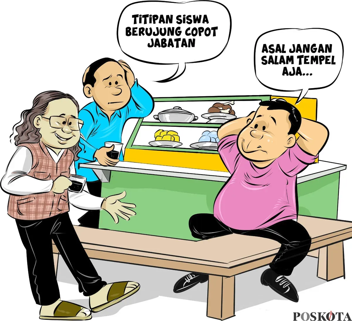 Tiga pria terlibat obrolan santai di warteg sambil menyinggung isu titipan siswa yang berujung pencopotan jabatan. Salah satu dari mereka menambahkan sindiran, “Asal jangan salam tempel aja...” (Sumber: Poskota/Arif Setiadi)