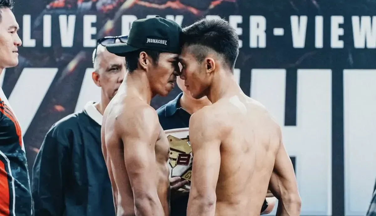 Kkajhe dan Aziz Calim berpose saat sesi Weigh-In Byon Combat Vol. 5. (Sumber: Instagram/@byoncombat)
