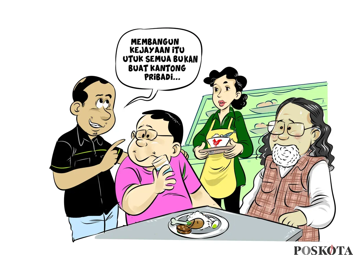 Seorang pria menasihati temannya di warteg sambil berkata, "Membangun kejayaan itu untuk semua bukan buat kantong pribadi." Suasana santai terlihat dari makanan sederhana dan ekspresi para tokoh yang penuh makna. (Sumber: Poskota/Arif Setiadi)