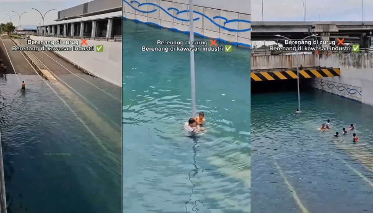 Video viral TikTok tunjukkan anak-anak berenang di banjir underpass Cikarang. Airnya bening tak seperti banjir biasa. (Sumber: TikTok/@cahyotogog_)