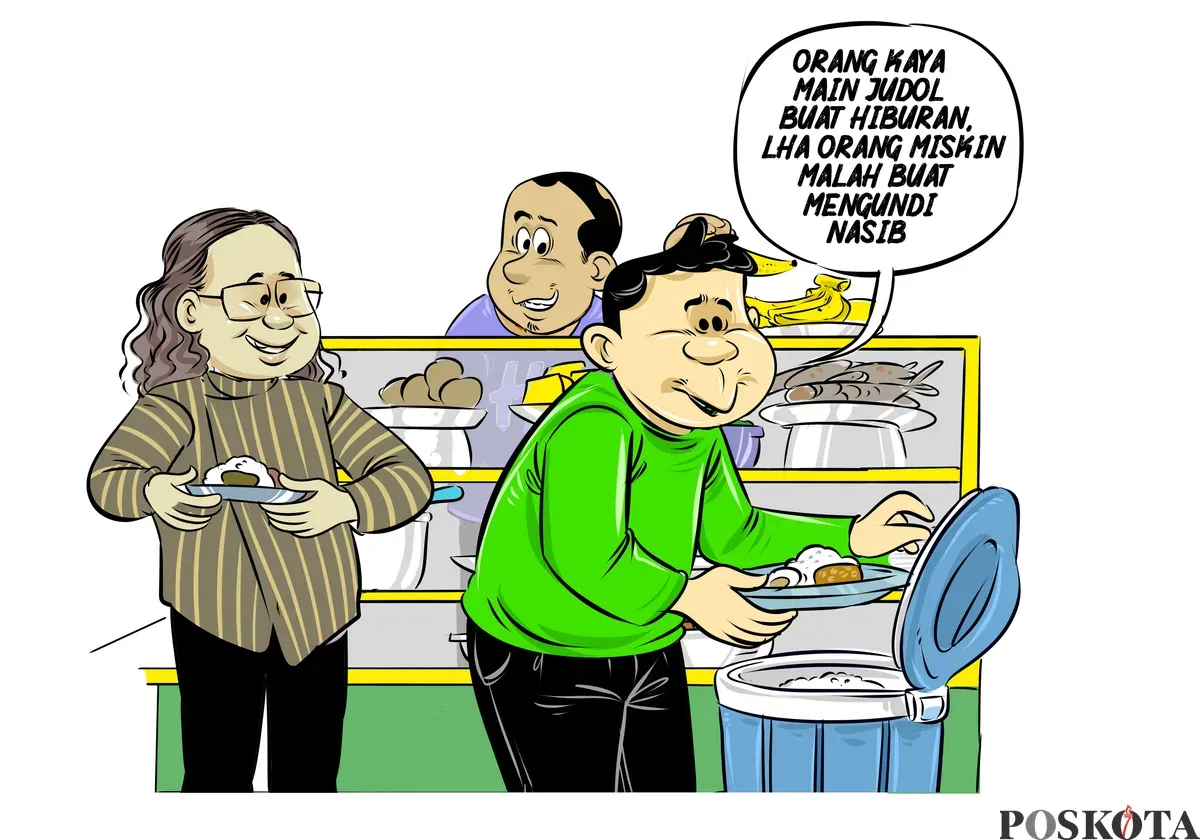 Ilustrasi obrolan santai di warteg. Seorang pria berkaus hijau melontarkan sindiran soal judi online: “Orang kaya main judol buat hiburan, lha orang miskin malah buat mengundi nasib.” (Sumber: Poskota/Arif Setiadi)