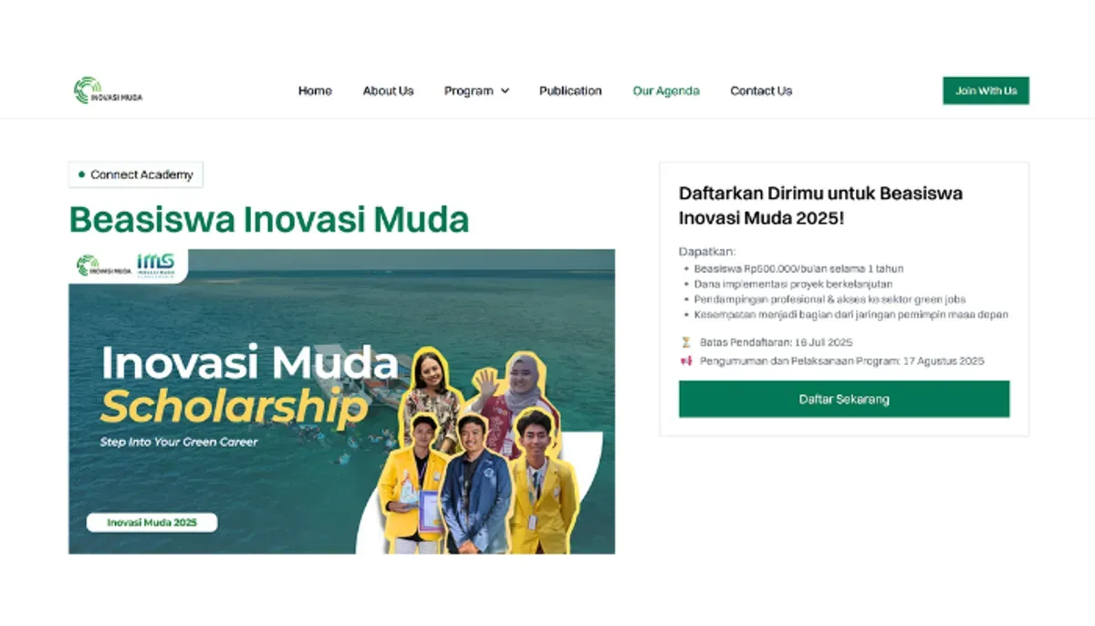 Kuliah gratis dan dapatkan modal proyek! Beasiswa Inovasi Muda 2025 untuk mahasiswa D3 dan S1 (Sumber: inovasimuda.org)