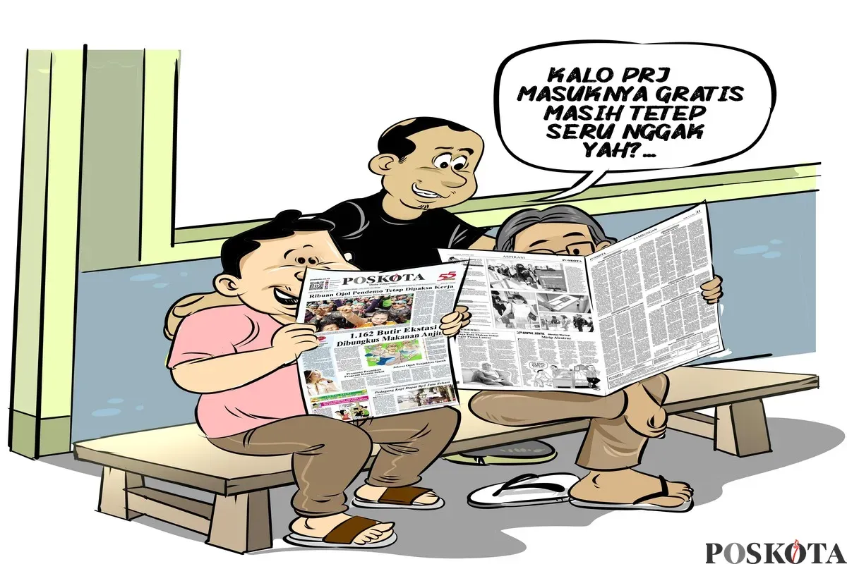 Tiga pria sedang berbincang santai di warteg sambil membaca koran. Salah satu dari mereka melontarkan pertanyaan kritis soal PRJ, “Kalo PRJ masuknya gratis, masih tetep seru nggak yah?” (Sumber: Poskota/Arif Setiadi)