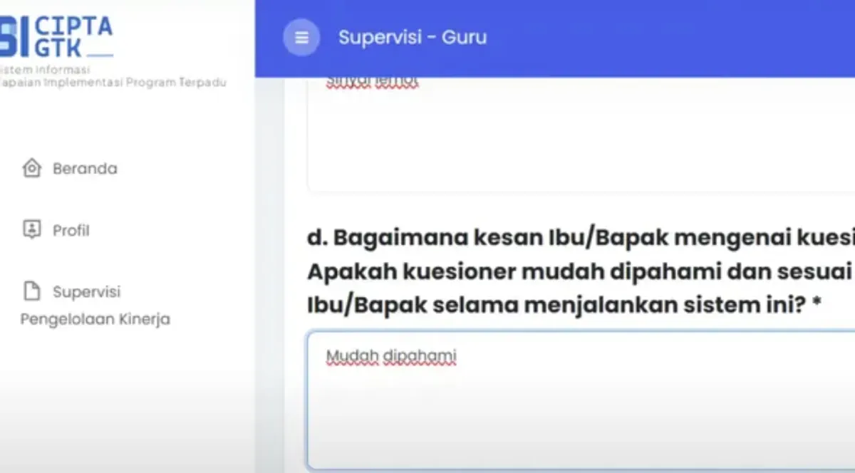 Panduan Lengkap: Solusi Mengatasi Salah Pilih Jenis Jabatan dan Reset Email Akun SI CIPTA GTK Survei Kinerja (Sumber: Screenshot/SI CIPTA)