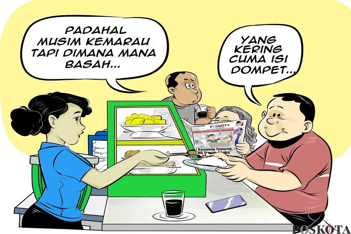 Pelanggan dan penjual warteg berkelakar soal musim kemarau yang masih diwarnai hujan, sementara dompet mereka justru “kering.” Ilustrasi ini menyoroti ironi cuaca ekstrem dan tekanan ekonomi yang dirasakan masyarakat. (Sumber: Poskota/Arif Setiadi)